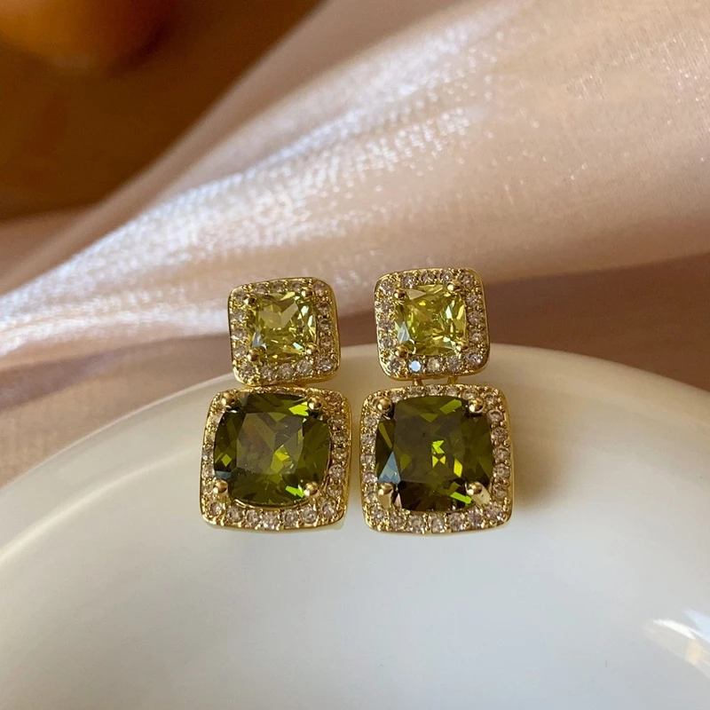 vintage delicate square olive green zircon stud earrings summer fresh girl geometry jewelry