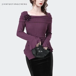 Fashion Slash Neck Flower Deco Women Long Sleeve Knitted Top Sexy Stretching Skinny Pullovers Spring Summer Thin Sweaters