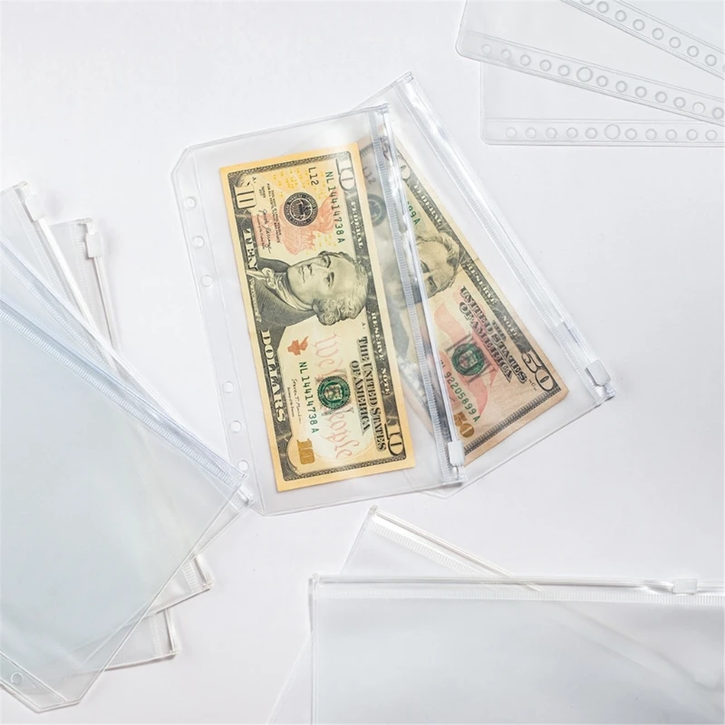 20Pcs Binder Pockets Clear Zippered Folder for 6-Holes Binder, Budget Planner, 6-Holes Cash Envelopes Loose Leaf Bags