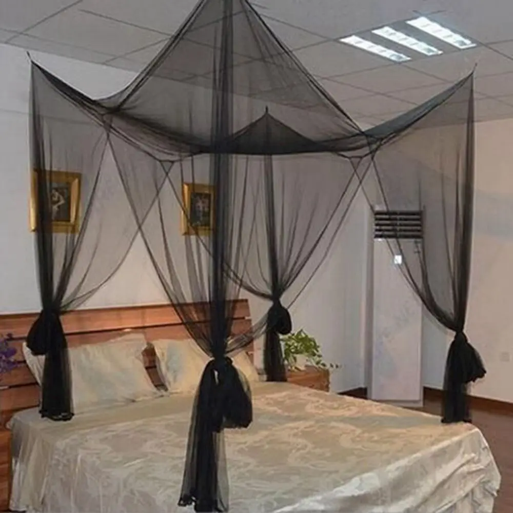 

Black Simple Netting King Size 4 Corner Post Home Decor Bedding Mosquito Net Bed Canopy