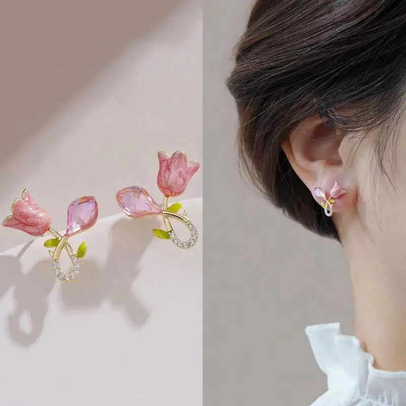 925 Silver Needle Korean Fashion Tulip Flower Earrings For Women Jewelry 2025 Trending Women's Pink Crystal Stud Earrings z40