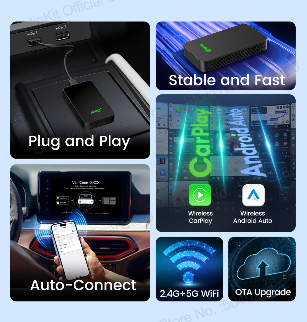 CarlinKit 5.0 C2Air 2-in-1 CarPlay Android Auto Wireless Adapter für kabelgebundene CarPlay- und Android-Auto-Fahrzeuge, Online-Upgrade, Plug & Play – Detail 2