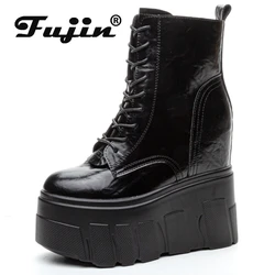 Fujin 14CM Microfiber Genuine Leather Women Boots Causal Boot Shoes Motorcycle Ankle Booties Platform Wedge Thick Sole ZIP Shoes