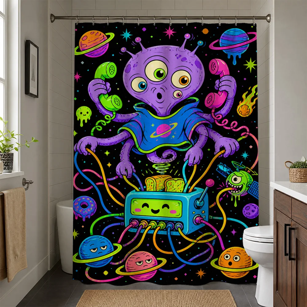 Waterproof Shower Curtain Cosmic Funky Alien Planets Pop Art Retro Bathroom Curtain Liner Decoration Colorful Vibrant Nursery Ki