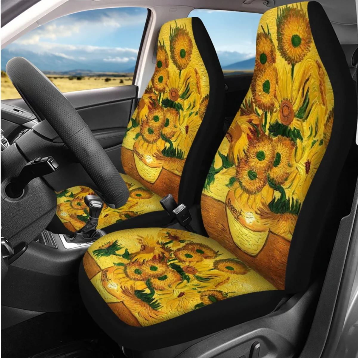 Van Gogh sunflower Oil Painting Car Front Back Seat Cover Set Unisex 7Pcs Car Accessories Easy to Clean Install Universal Auto