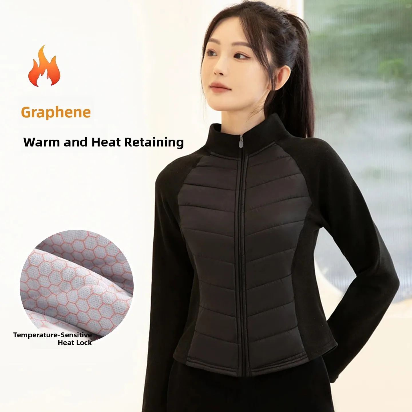 Graphene Yoga Windproof Cotton Jacket Women's Winter Thick Outerwear Slimming Warm Top Casual Style Regular Thickness Polyest...
