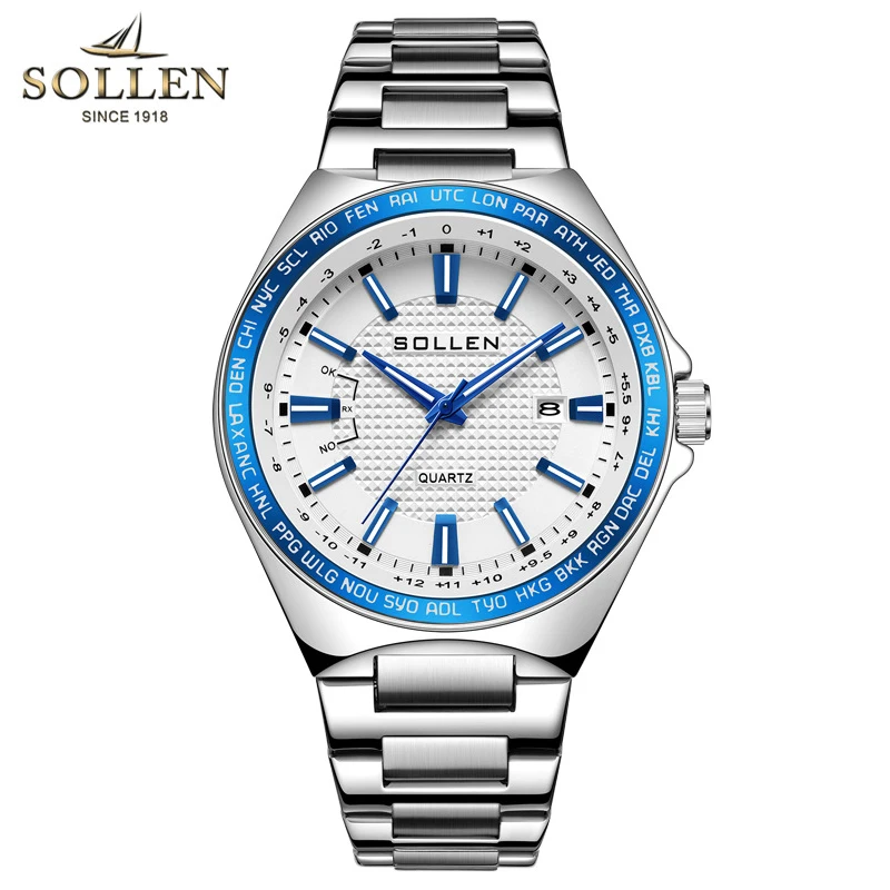 

SOLLEN новые мужские кварцевые часы из нержавеющей стали с календарем, мужские модные водонепроницаемые светящиеся деловые мужские часы Relogio Masculino