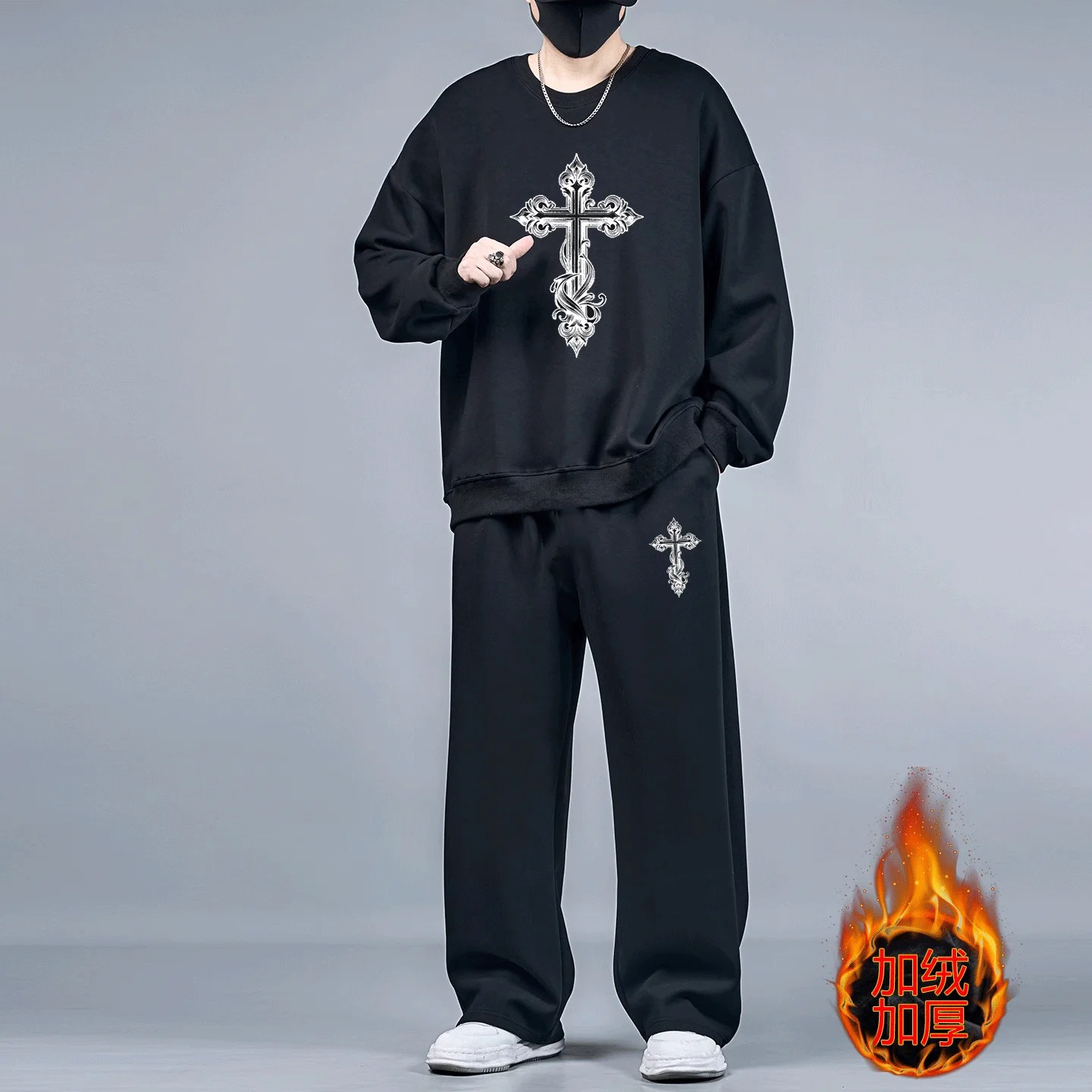 2pcs Set Men's Sweatshirts Pants Plus Size Fleece-lined Tops Sports Jogging Trousers Fashion Casual Pullover Hoodies Sweatpants