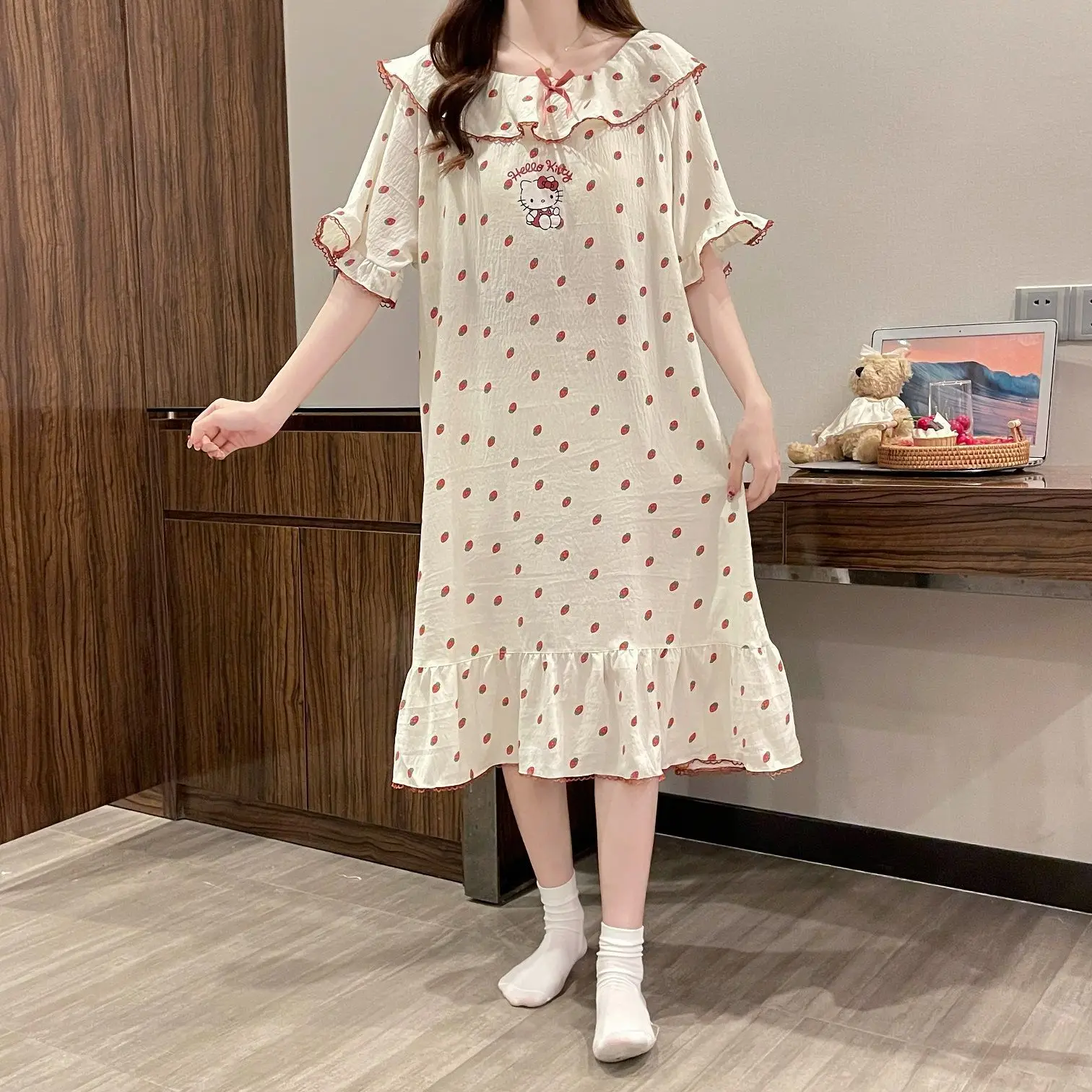 

Милая пижама Sanrio Hello Kitty, женская ночная юбка, летняя юбка для сна, длинное платье с коротким рукавом, одежда для сна, домашняя одежда Sweet Home