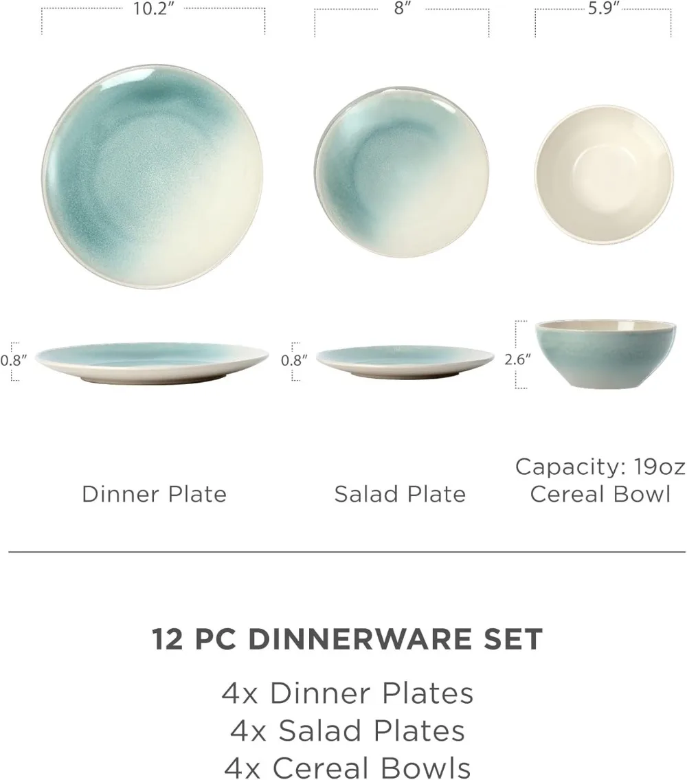 Famiware 12 Piece Dinnerware Sets, Stoneware Plates and Bowls Sets for 4, Reactive Glaze Dish Set，Ceramic Dishes- Dishwasher a