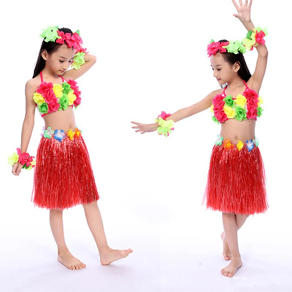 Set di gonne in erba tropicale Hula Hawaii da 5 pezzi, reggiseno colorato, braccialetti con fiori, fascia elastica in vita per eventi Luau