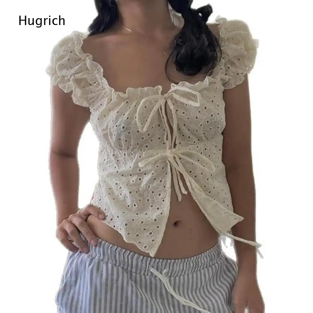Sweet Cottagecore Eyelet Embroidery Crop Top Ruffled Puff Sleeve Square Neck Self Tie Front Open Short Blouse