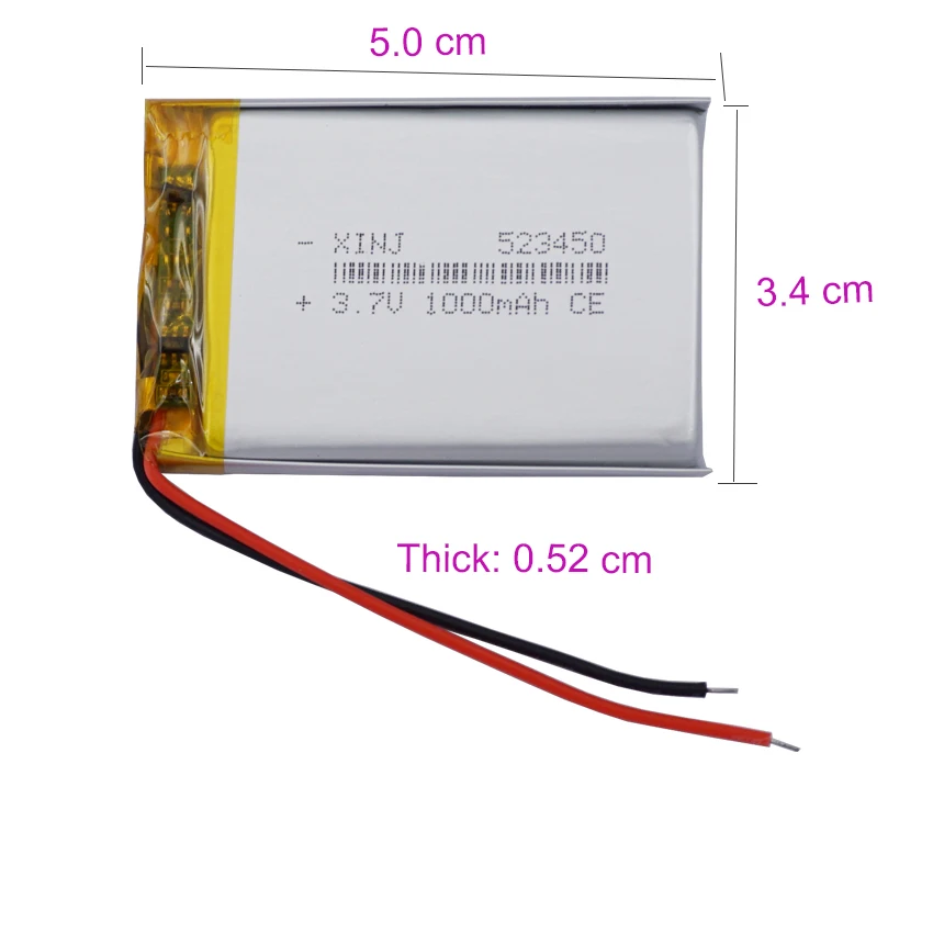 3,7 V 1000 mAh 3,7 Wh Li-Polymer wiederaufladbarer Li-Lithium-Polymer-Akku 523450   JST 2Pin 1,0/1,25/1,5/2,0/2,54mm Stecker