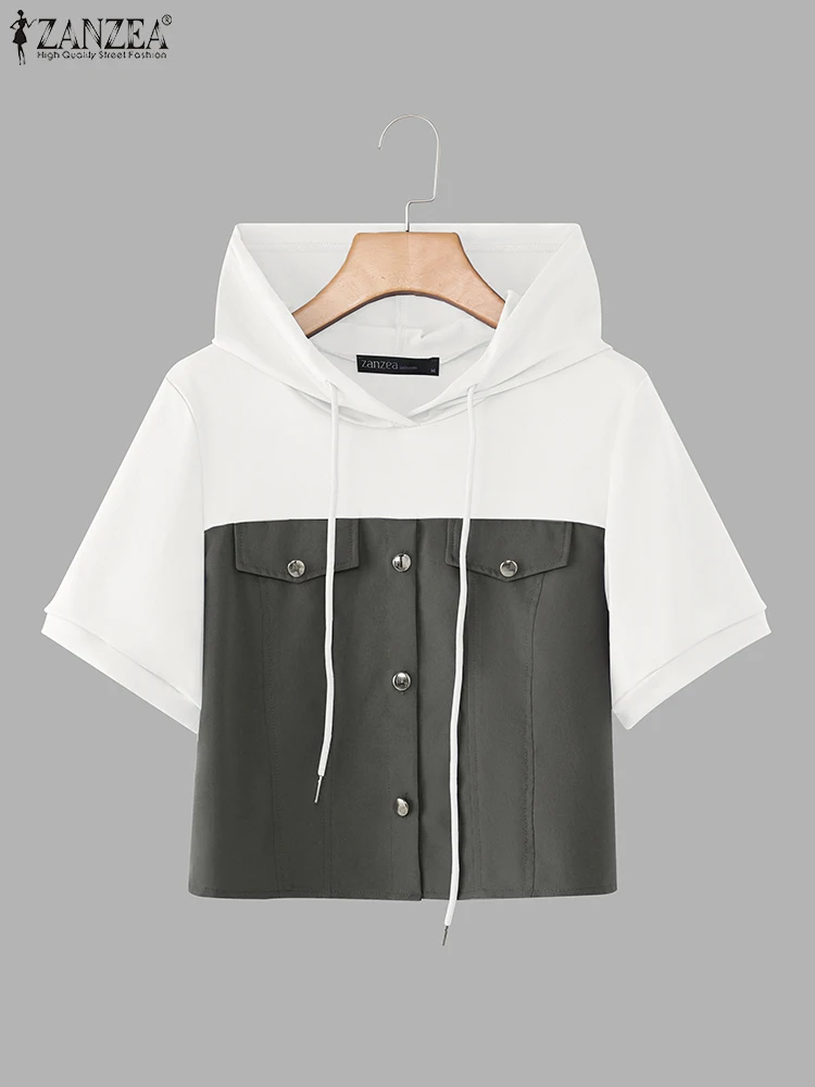 2025ZANZEA Zomer Vrouwen Capuchon Tops Korte Mouw Kleur Patchwork Blouse Elegante Hoodies Truien Mode Kantoor Werk Blusas