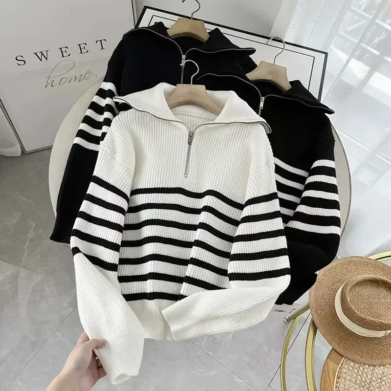 

CO Women's Autumn 2023 New Fashion Seven-color Casual Joker Zipper Sweater Retro Lapel Long-sleeved Female Pullover Chic Top.