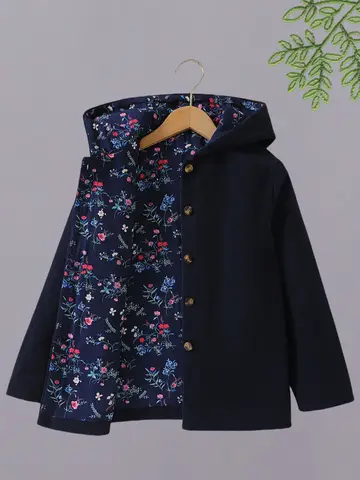 가을-겨울 아동용 여아 모직 코트 안감 프린트 서양식 싱글 브레스트 후드 긴팔 가디건 탑