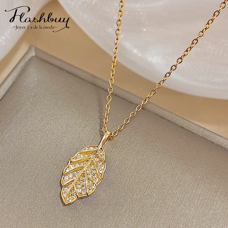 Fashion Chic Rhinestone Leaves Pendant Golden Chain Stainless Steel Necklaces for Women Temperament Jewelry Gift