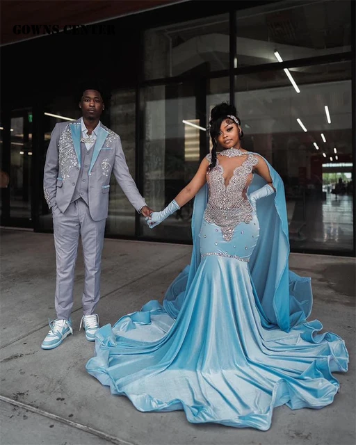 Sky Blue Velvet Sliver Crystal Beading Prom Dresses For 2024 Luxury Designer Party With Cape Mermaid Black Girls Bespoke AliExpress