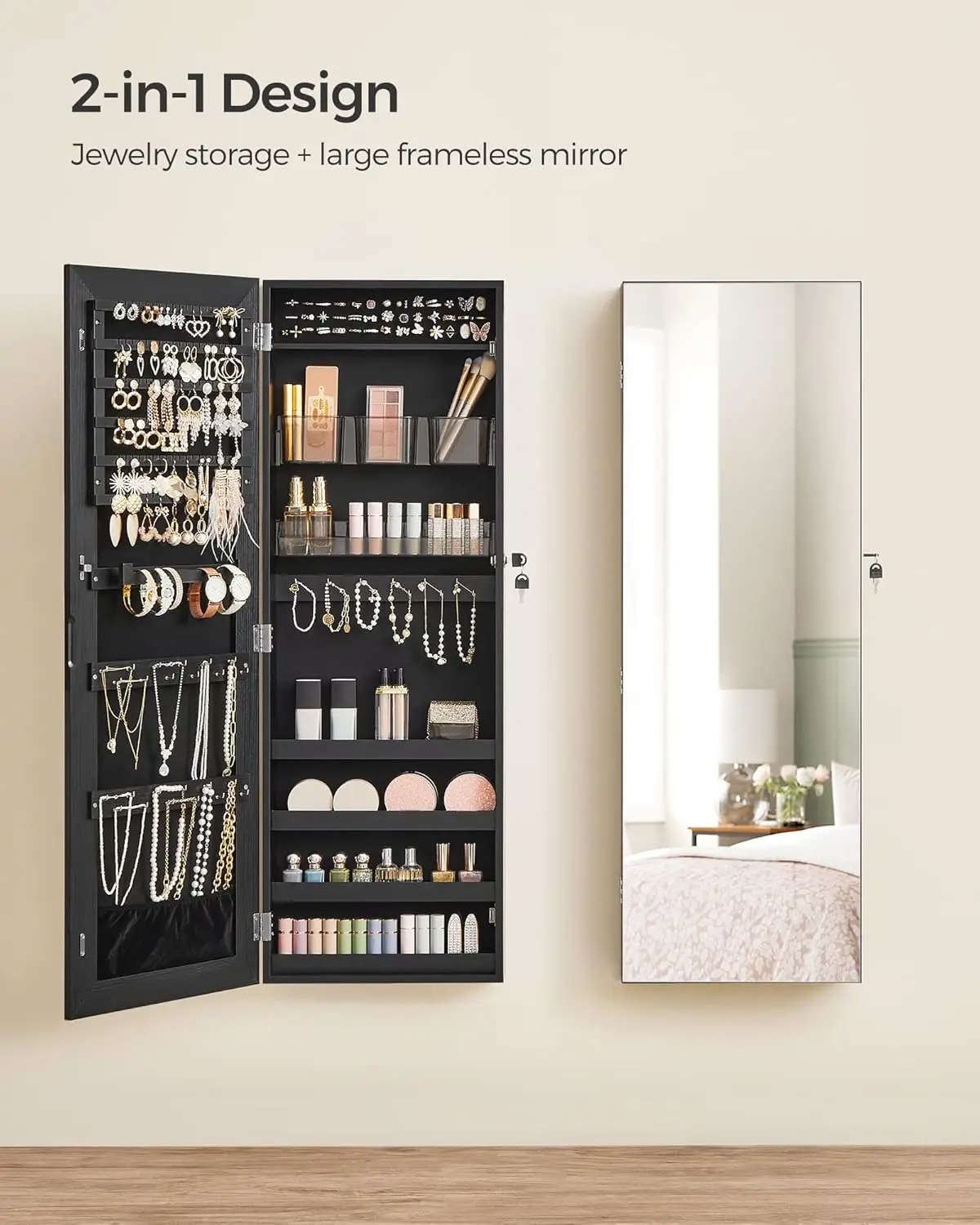 Armoire à bijoux miroir sans cadre, rangement de bijoux mural ou de porte, verrouillable, avec 2 plastiques