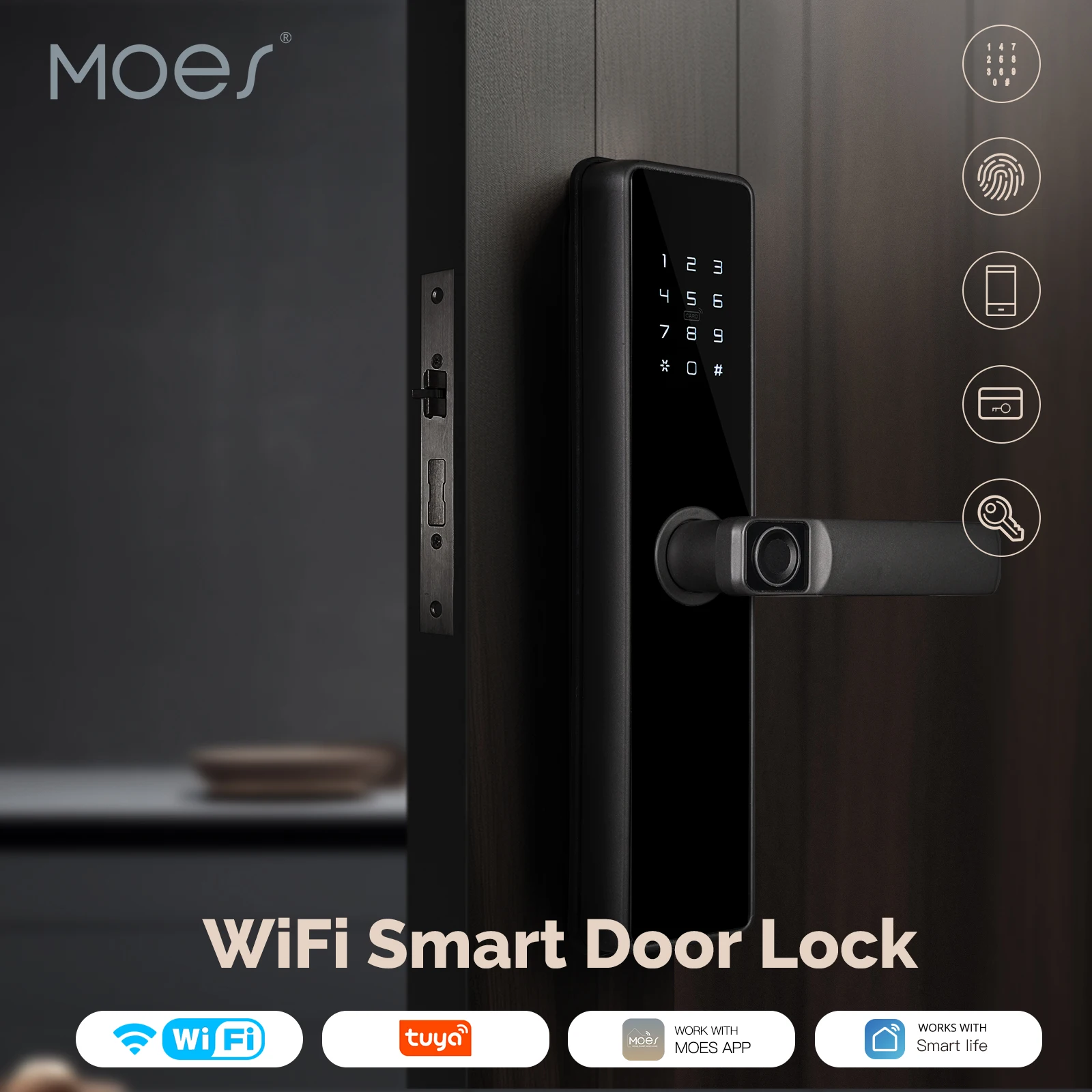 WiFi Smart Door Lock Indoor Password Fingerprint Remote Unlock Keycard Antihijack Tamper Alarm Battery Powered Temporary Charge