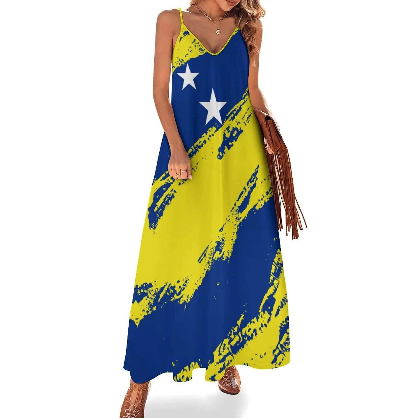 Lange Jurken Jurk Curaçao Curacao Vlag Print Nieuwe Casual Mouwloze Dames V-Hals Bedrukte Jurk Swing Retro Jurken