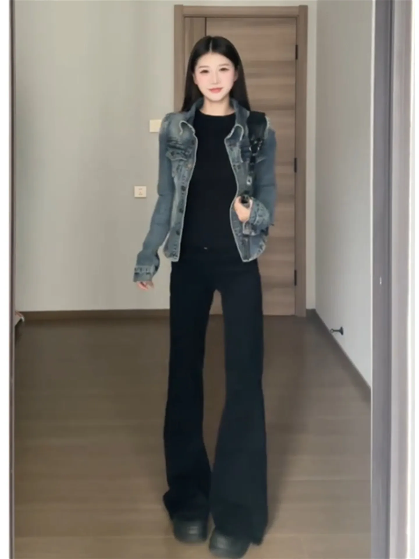 

Extended Length Loose Fit Low Waist Bell Bottom Jeans Women's Spring Cotton Soft Washed Denim Pants Vintage Floor Length