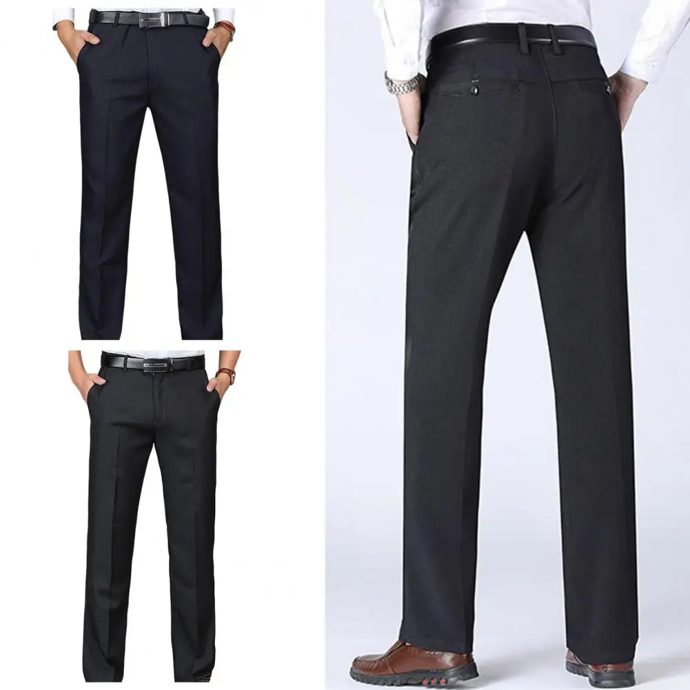 Pantalones de vestir elásticos para hombres, pantalones de negocios de primera calidad, sin hierro, Ajuste Recto, pantalones de traje de frente plano, pantalones de vestir formales de moda