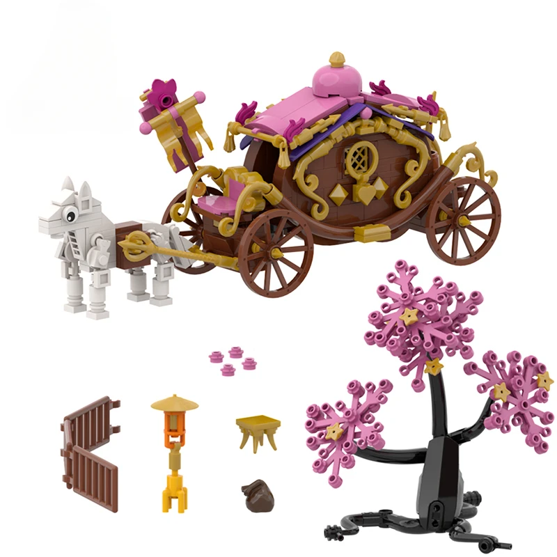 

Набор строительных блоков MOC Pink Sakura Tree Fairy Tale Scene, принцесса, каретка, технические игрушки для детей, подарок на день рождения для девочек