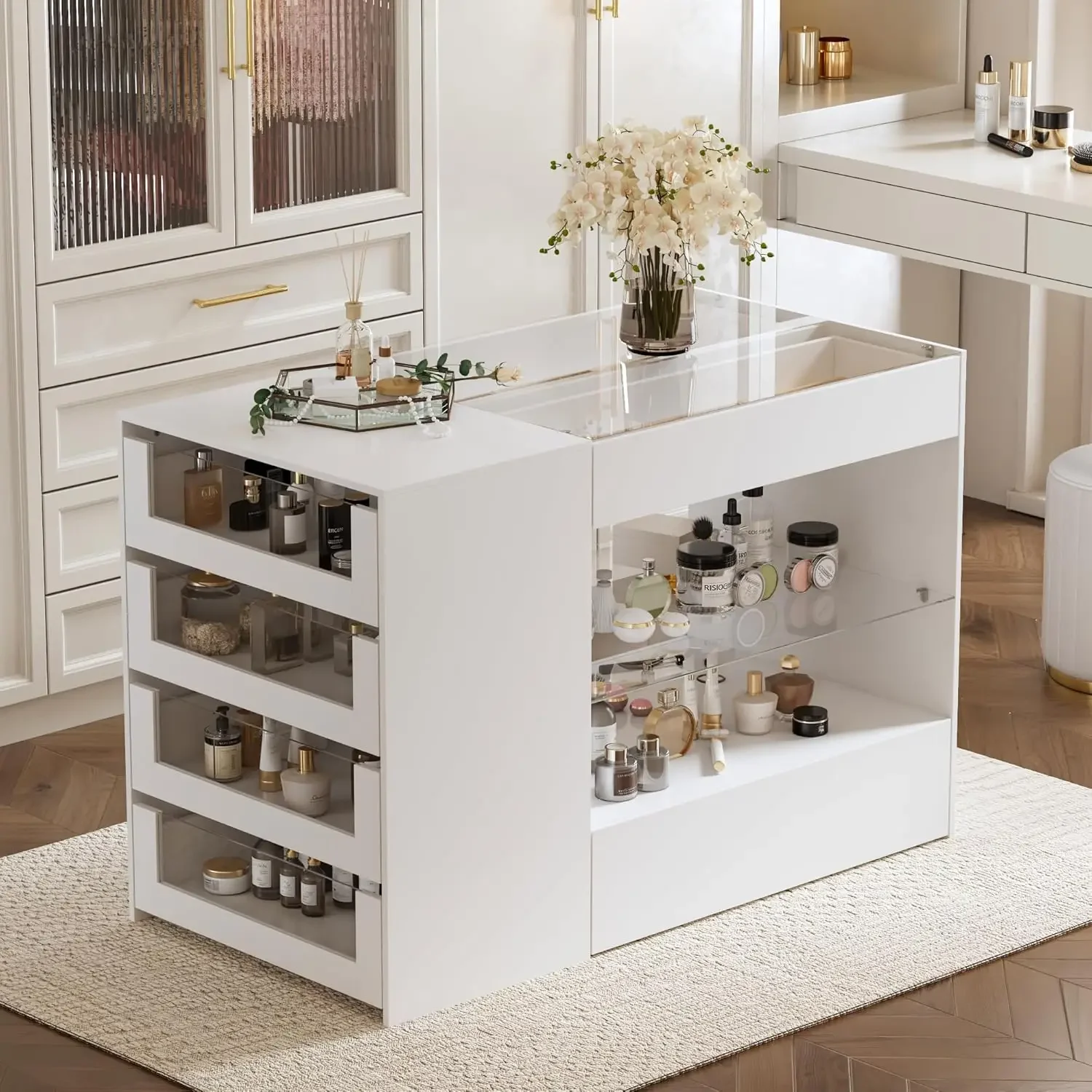 Closet Island with Glass Top & 8 Drawers for Walk in Closet, Jewelry Display Cabinet Island with Glass Shelf, for Store Dressing