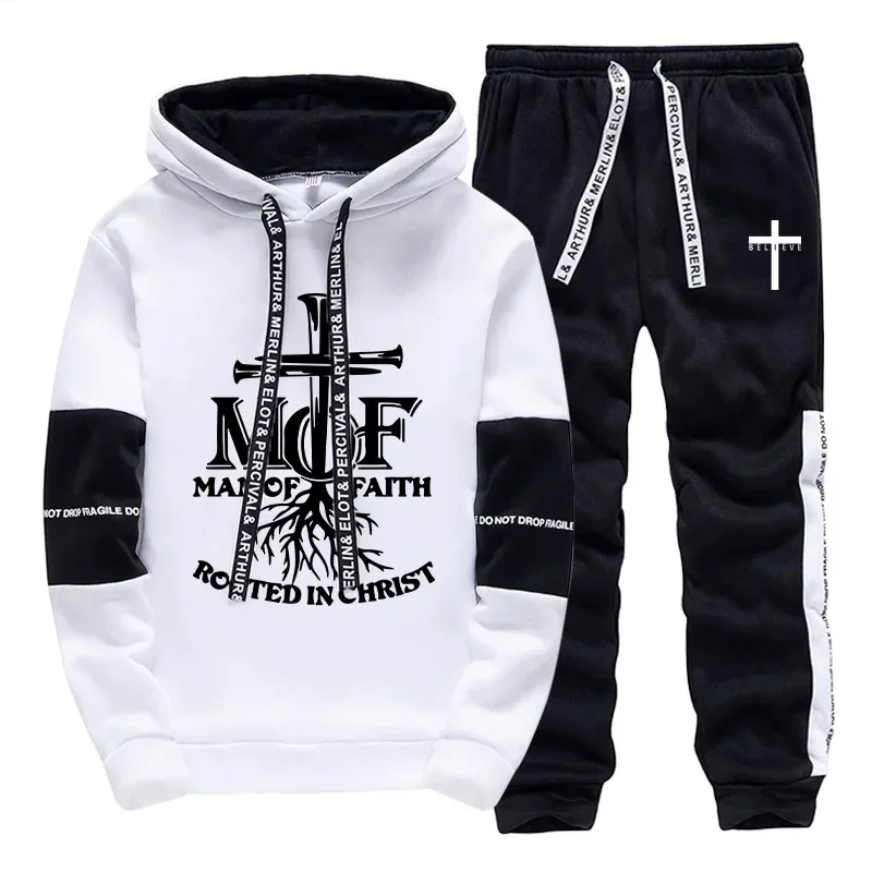 

Толстовки с капюшоном «Человек веры», спортивные штаны, мужской спортивный костюм, осень-зима, повседневный повседневный спортивный спортивный костюм, городской модный наряд с изображением Христа Иисуса
