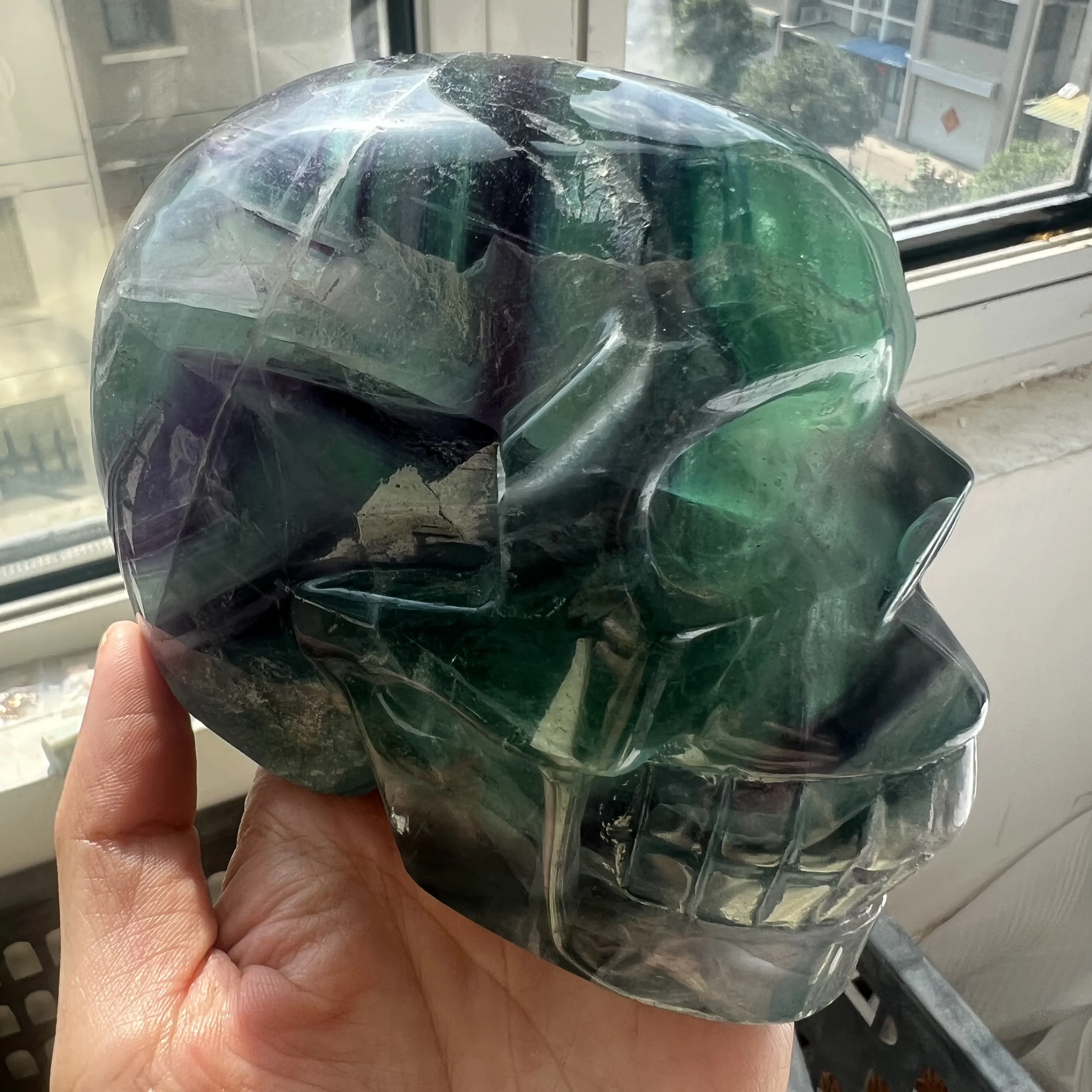 1.5kg Natural Hand Carved Rainbow Fluorite skull Healing Home Decor