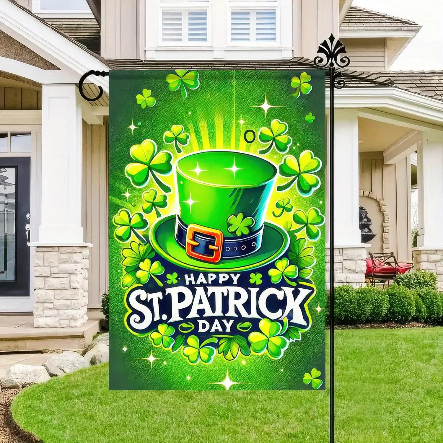 Happy St Patricks Day Garden Flags for Outside Irish Hat with Shamrocks Sparkles Small Seasonal Decoration for Holiday Anniv EEZ