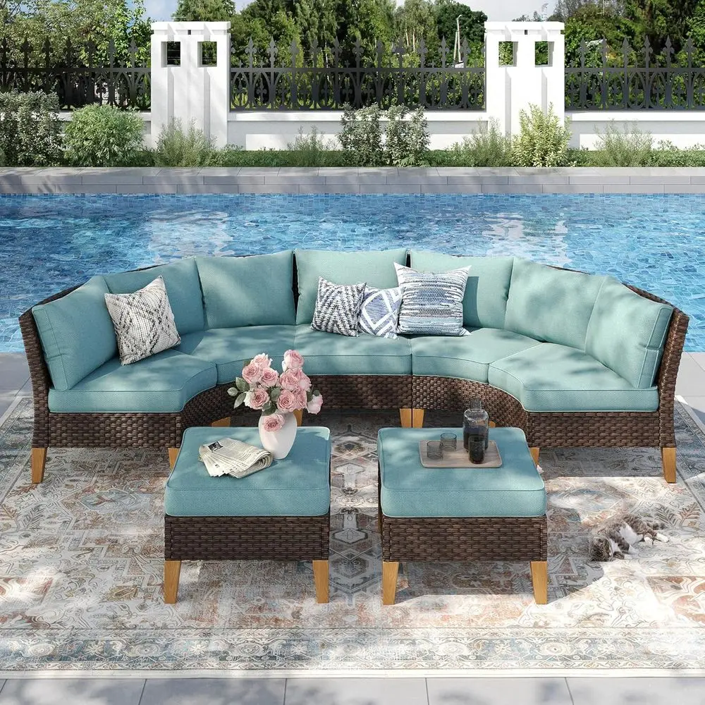 

5-Piece Outdoor Wicker Sectional Sofa Set with Aqua Cushions for Patio, Deck, and Backyard