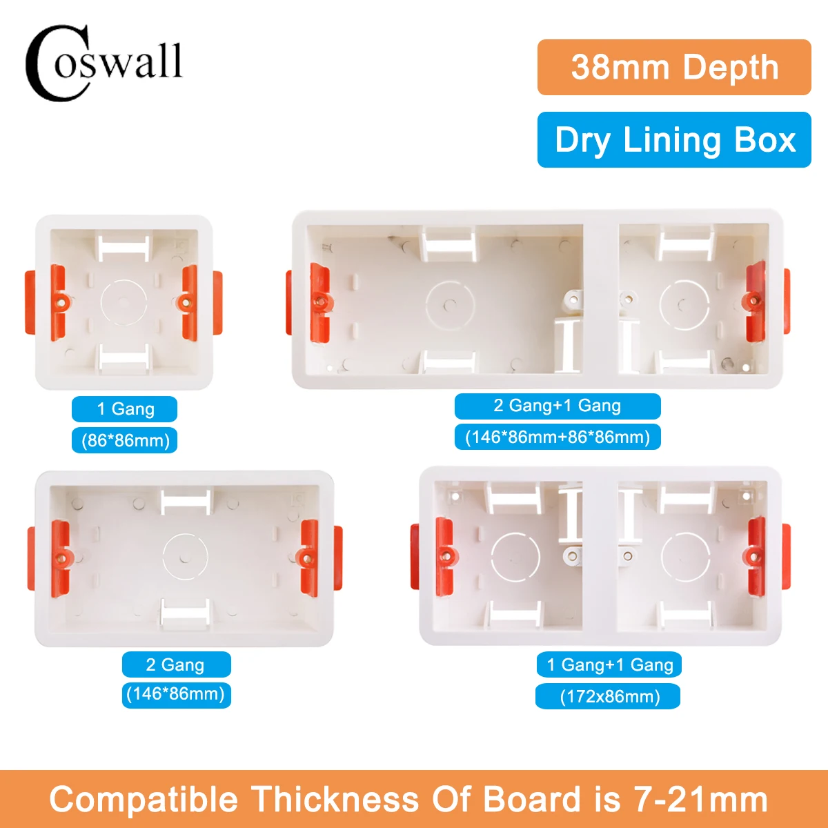 Coswall 86 Type Cassette 1/2 Gang boîte de doublure sèche pour panneaux de plâtre/cloisons sèches/plaquettes de plâtre 38mm de profondeur boîte de commutation murale prise murale
