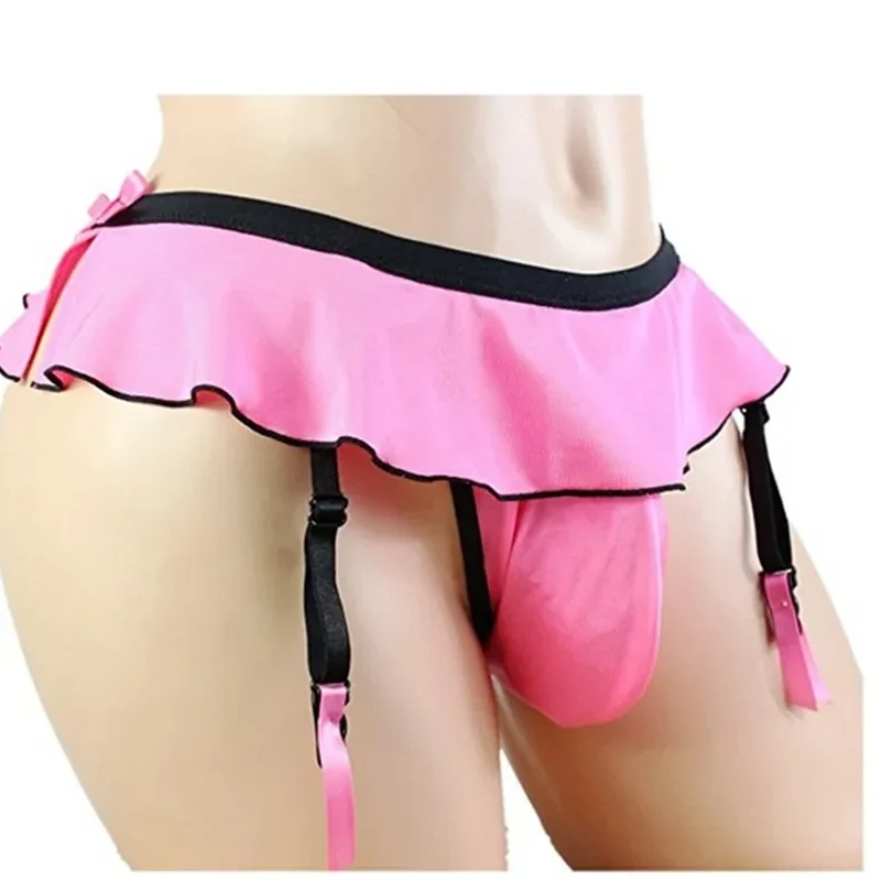 

Men Sissy Ruffled Panties Sexy Skirted Thong Suspender Garter Belt Elastic Waistband Underpant Gay Underwear Crotchless G-String