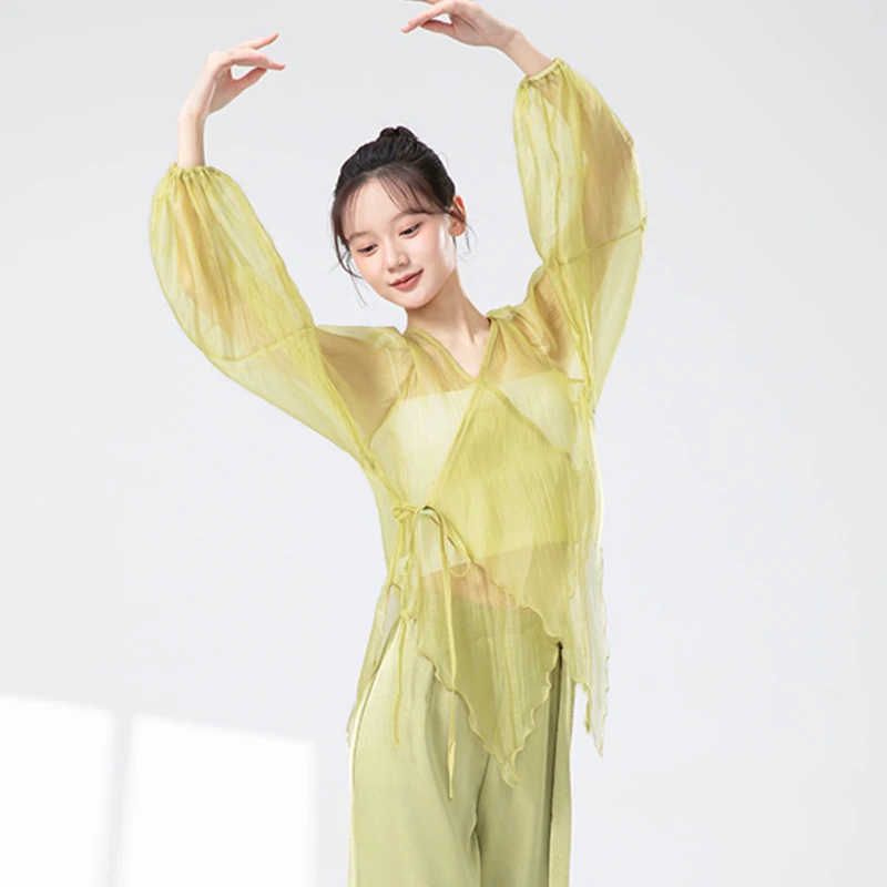Costume da danza classica Top da donna Cardigan a maniche lunghe a sbuffo Camicia Guaze legata laterale Top larghi Flowy Camicetta da palcoscenico lirico cinese