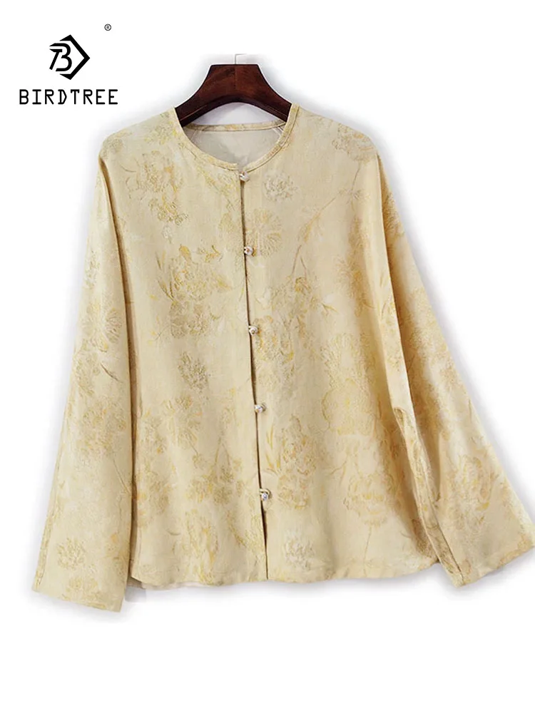 

BirdTree-35%Silk 65%Wool Elegant Shirt, Women O Neck Jacquard, Retro Commute Loose Reversible Blouse, 2025 Autumn New T5O431CC