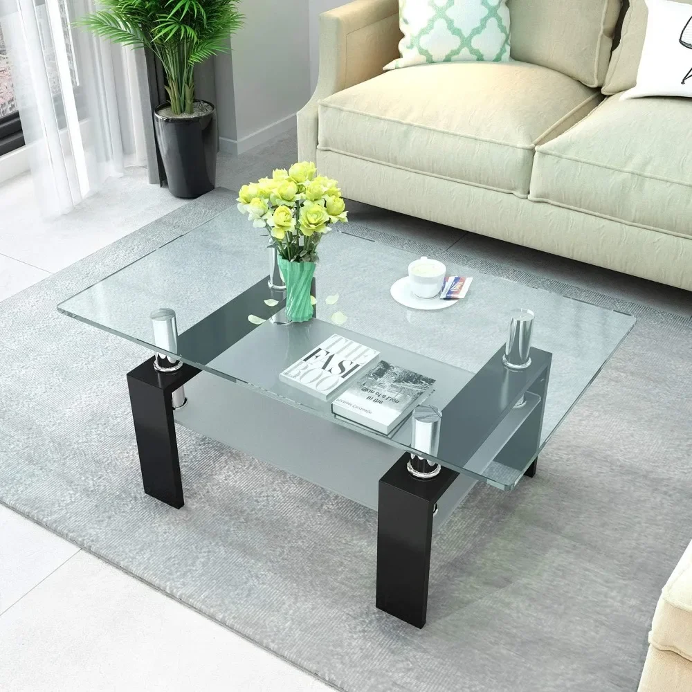 

Rectangle Glass Coffee Table-Modern Center Side Coffee Table with Lower Shelf Black Metal Legs-Suit for Living Room (Black)