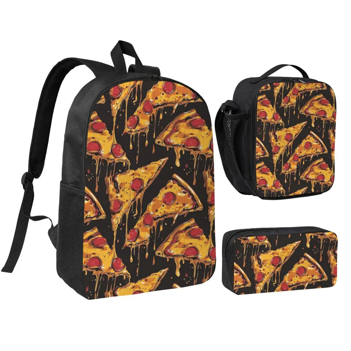 Cartoon Pizza And Cheese Pattern Backpack Student BookBag School Bag Shoulder Bags 3ps Insulated Lunch Bag Pencil Case