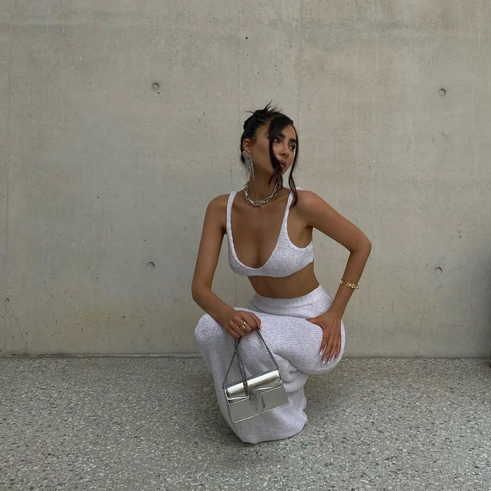 Vestido de punto de vendaje largo para mujer, Top corto con tirantes sexys, falda de cintura alta, cubierta de Bikini, parte inferior envolvente, traje de baño de playa de ganchillo, 2 uds.