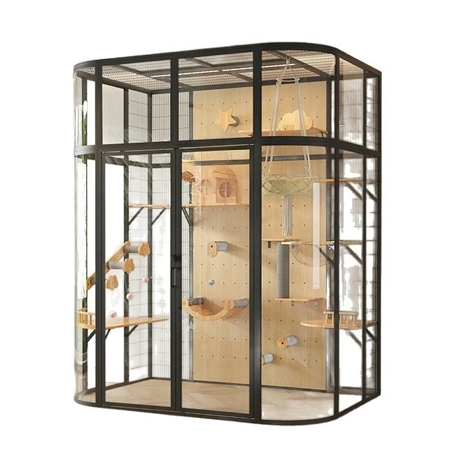Kirin cat cage villa panoramic glass solid wood DIY  nest pet cat house panoramic glass cat cage