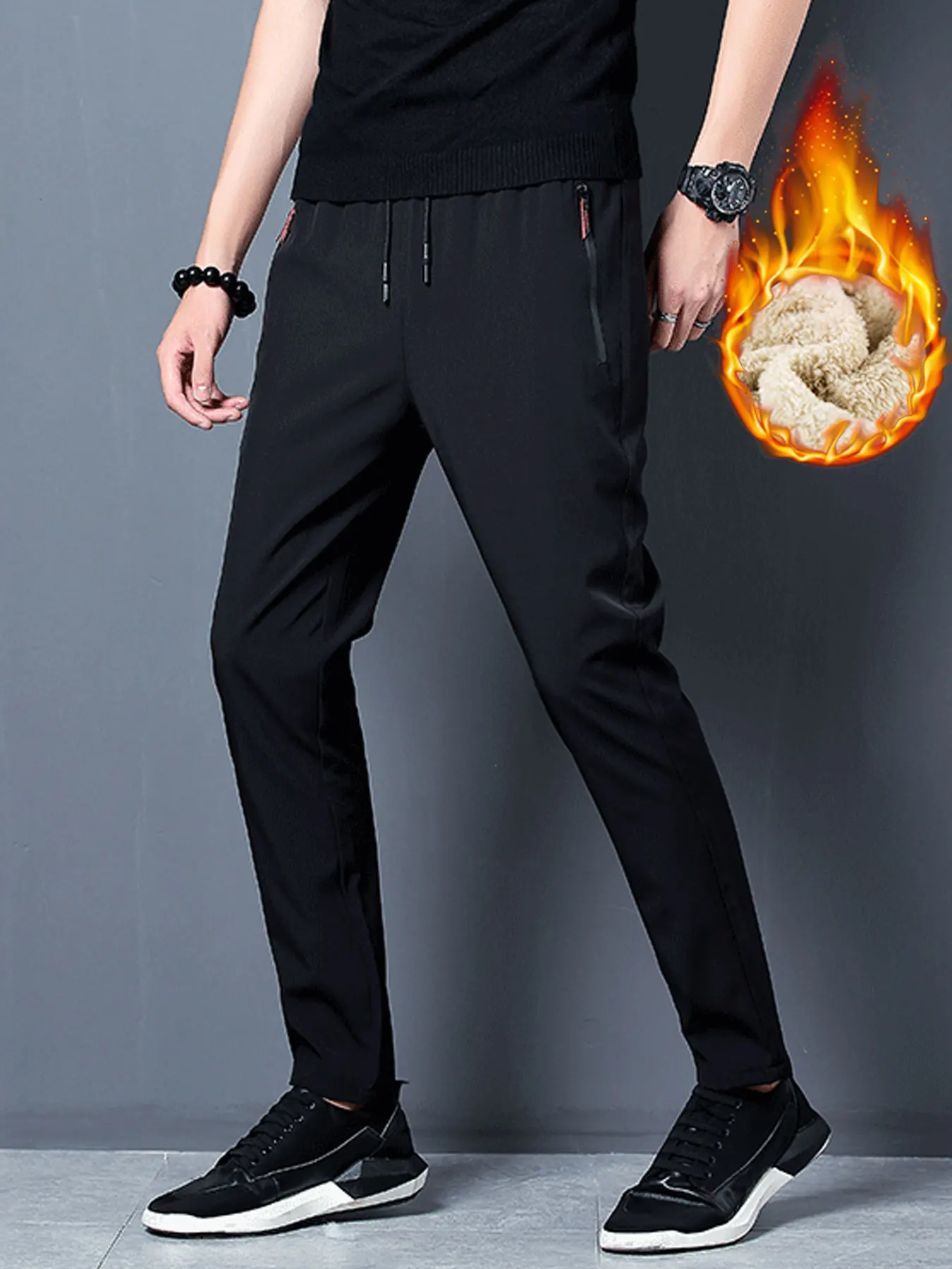 

Мужские зимние толстые повседневные брюки на флисовой подкладке с эластичным поясом и регулировкой шнурка, однотонные теплые брюки с прямыми штанинами для мужчин