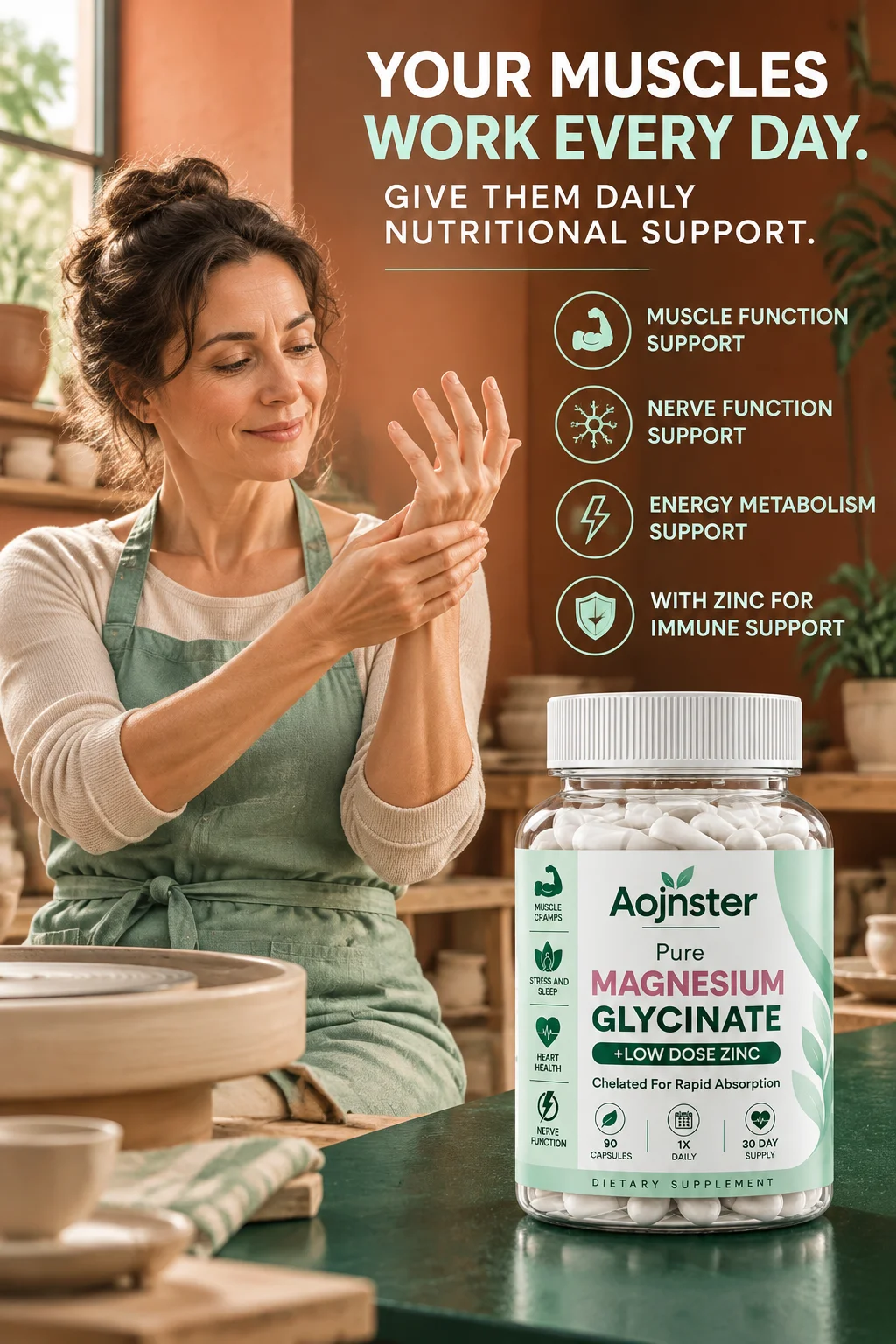 Aojnster Chelated Magnesium Glycinate with Zinc Dietary Nutrient Blend Capsules for Adults Men Women 90 Count