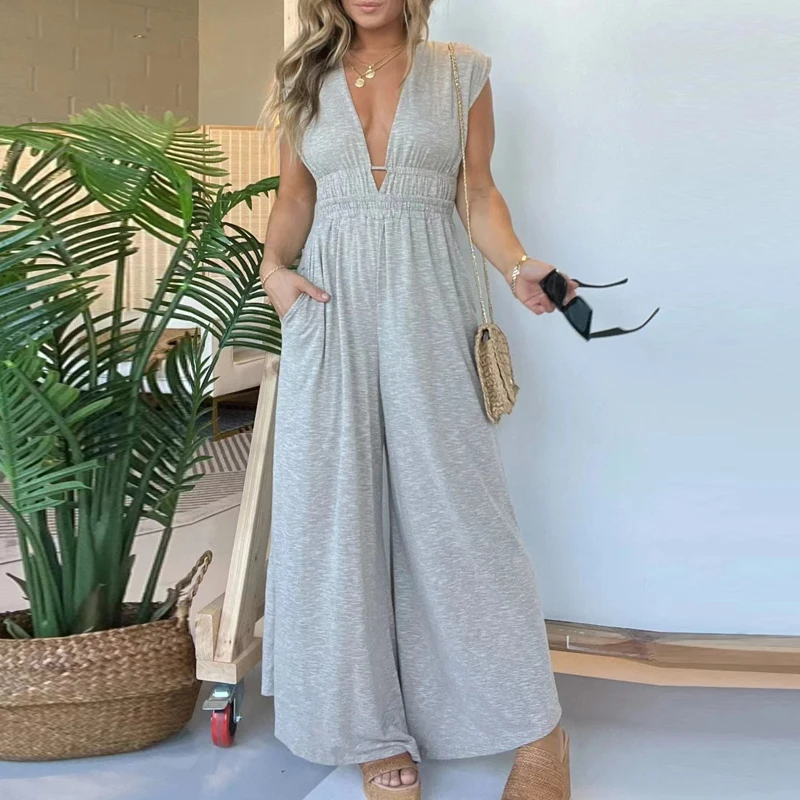 

Sexy Double V Neck Backless Lace-up Jumpsuit Women Spring Solid Straight Playsuit Rompers Summer Sleeveless Tank Office Overalls