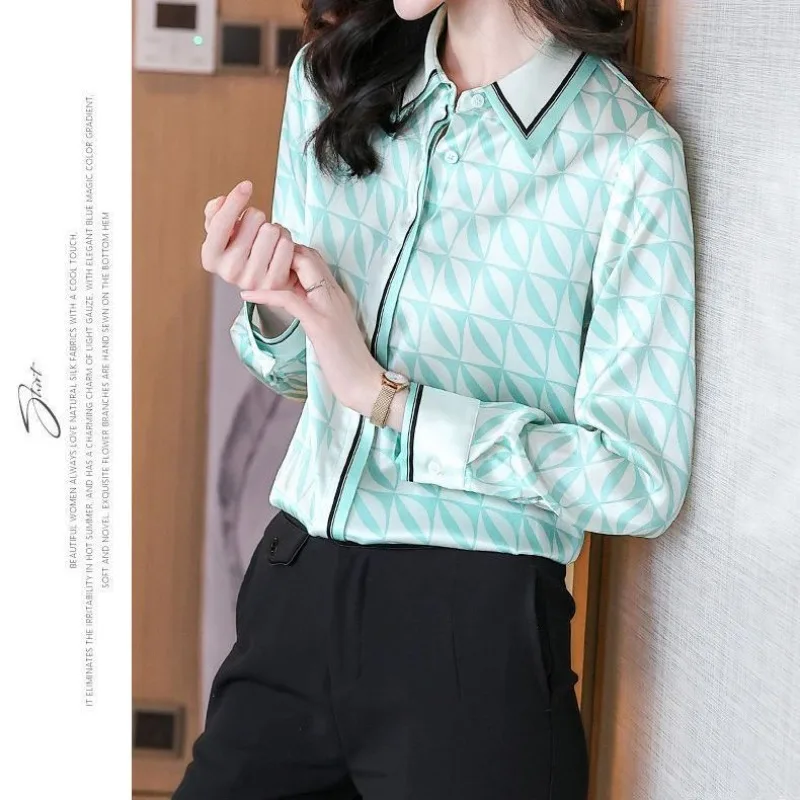 

Осень 202, новая эластичная рубашка с длинными рукавами для поездок на работу, женский топ с лацканами, модный универсальный кардиган с принтом