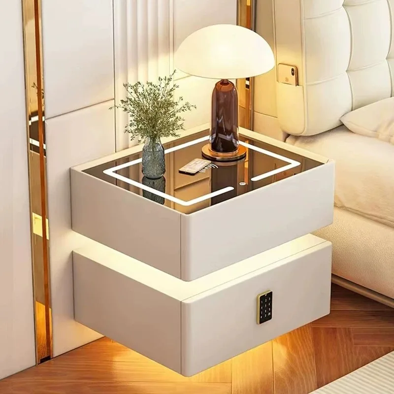 #Smart Nightstand Modern Bedside Cabinet New Light Luxury High Sense Wood Storage Wireless Charger Cabinet Bed Side Tables