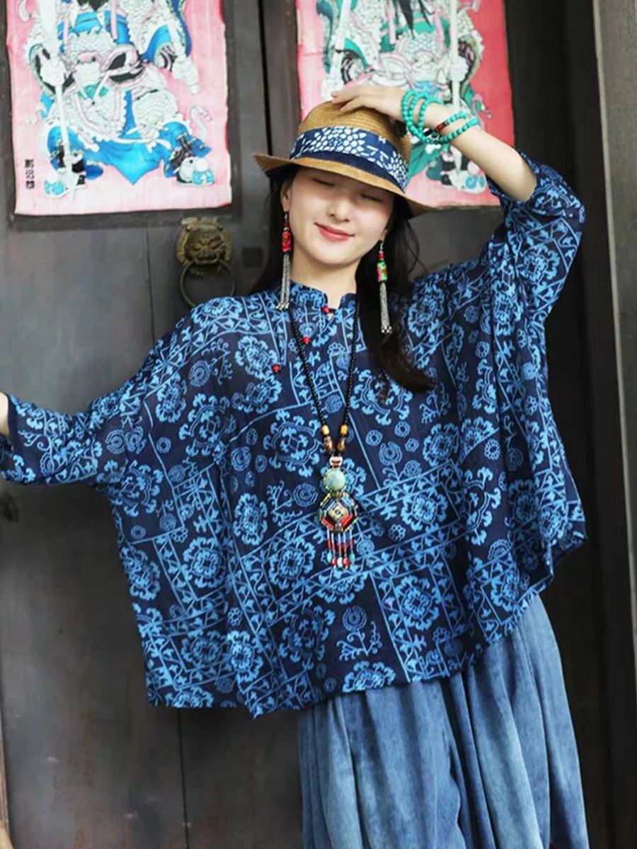 

Retro Ethnic Sle Women's irt Summer New Hemp Print Loose Stand Collar Overhead Top Batwing Sve Comfortable Fit Blouse