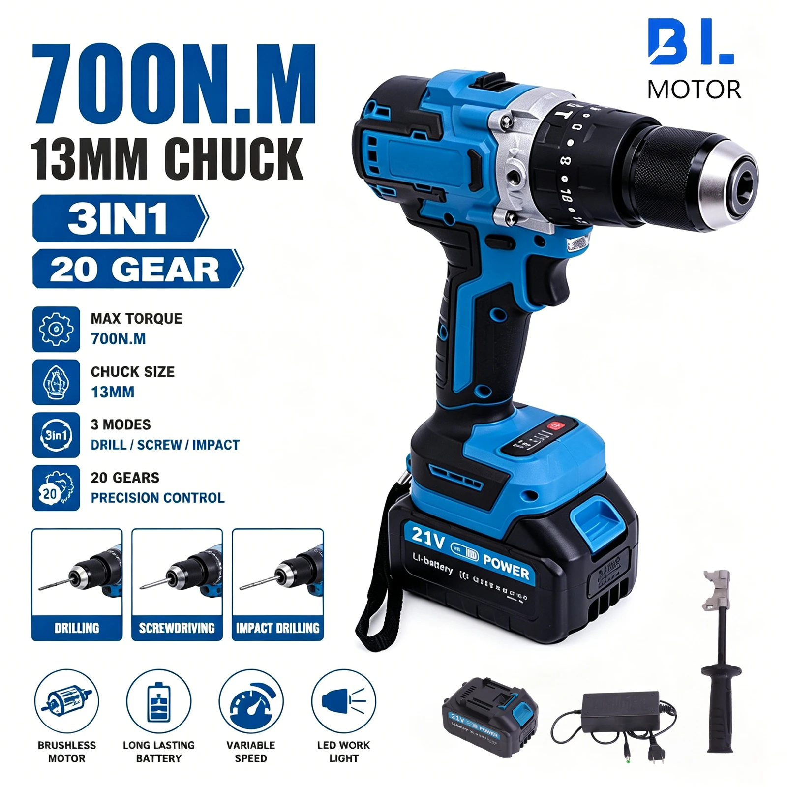 New 700N.m 13mm Brushless Electric Impact Drill Cordless Screwdriver DIY Ice Breaking Power Tools for Makita 21V Battery Pin