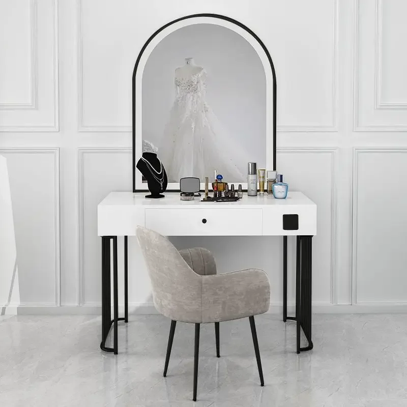 

Aesthetic Lighted Mirror Makeup Vanity Dressing Table with LED Light Drawer Storage Shelves Cabinet Penteadeira Trendy Furniture