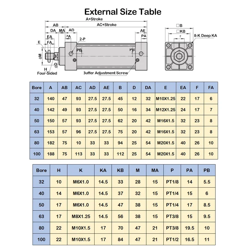 SI 32mm/40mm/50mm, Stroke 50/100/200/300//400/500/600/700/1000mm Bore High Quality Pneumatic Cylinder